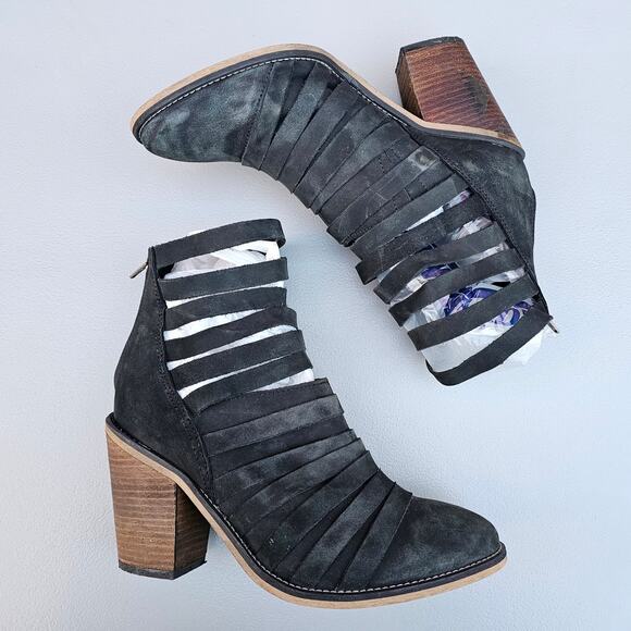 Black Leather Strappy Ankle Boots Free People Hybrid Size EU 39 Cage Bootie Zip - Picture 13 of 13